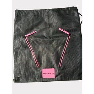 Victorias Secret Black Pink Drawstring Backpack Cinch Zipper Faux Zip Fabric Bag